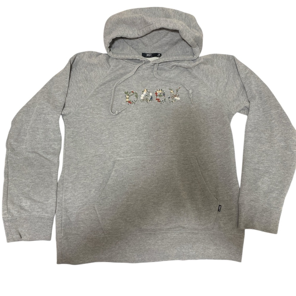 Obey Propaganda Worldwide Embroidered Hoodie Heather Gray Size Medium VGUC - Picture 3 of 7